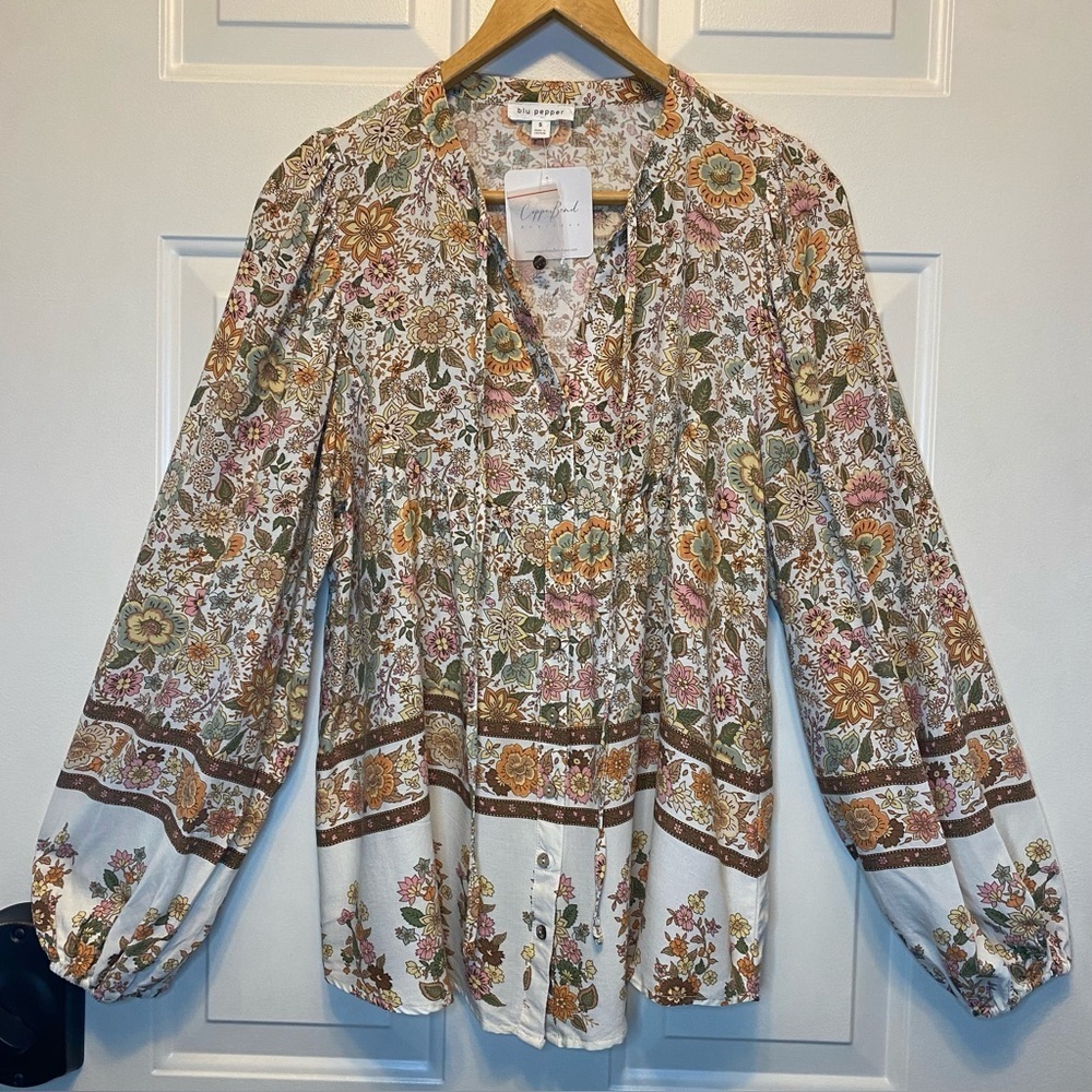 Blu Pepper Floral Small Bohemian Burton Blouse - Cream & Brown Balloon Sleeves
